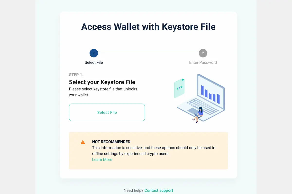 Het scherm Access Wallet with Keystore File van MyEtherWallet, stap 1 van 2, met de knop Select File voor het keystorebestand en de waarschuwing om deze methode alleen offline te gebruiken.