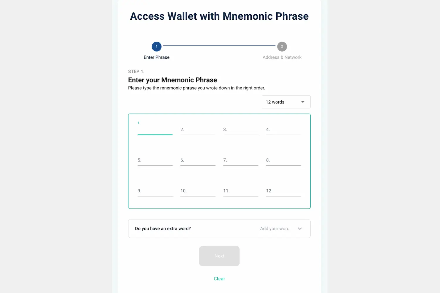 Het scherm Access Wallet with Mnemonic Phrase van MyEtherWallet met een leeg invulraster voor twaalf woorden, waarin de herstelzin in de juiste volgorde wordt ingevoerd.