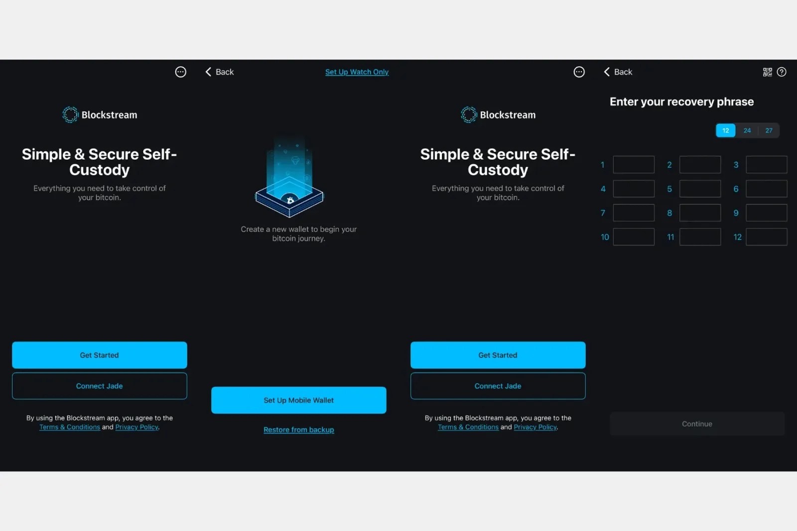 Schermen van Blockstream Green met Aan de slag, Herstellen vanuit back-up en invoer van de herstelzin