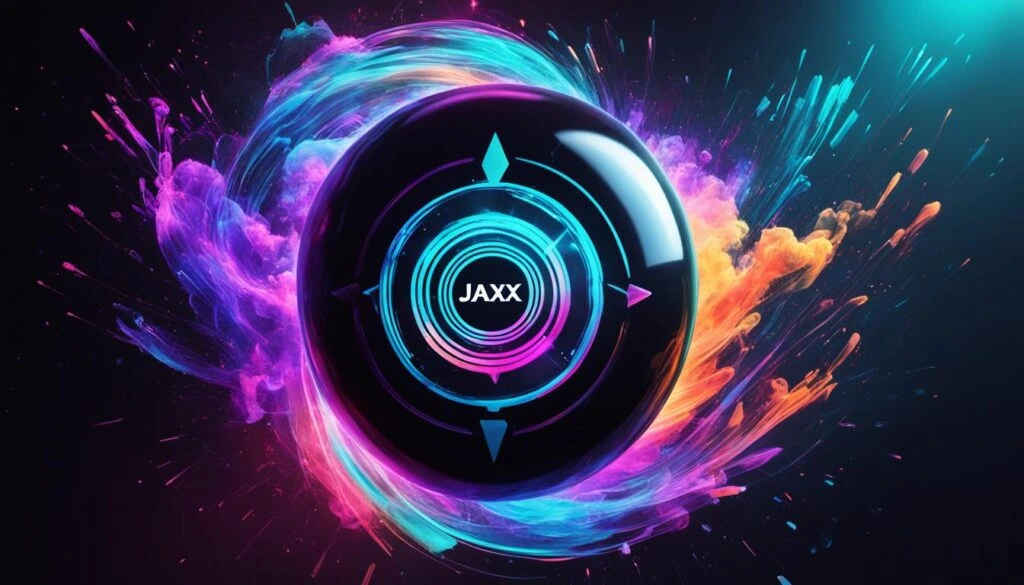Illustratie van een rond Jaxx-embleem, omringd door gekleurd licht.