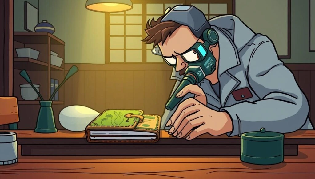 Cartoonillustratie van een persoon die een groene portemonnee met een vergrootglas onderzoekt.