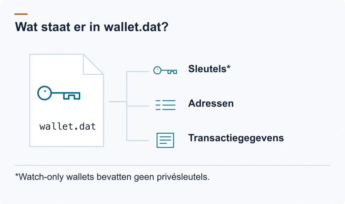 Wat staat er in wallet.dat?: Sleutels*; Adressen; Transactiegegevens. *Watch-only wallets bevatten geen privésleutels.