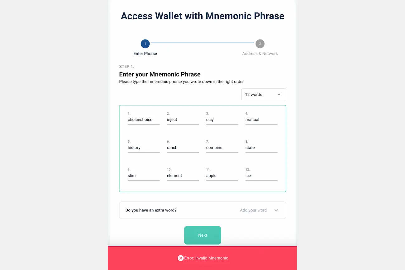 MyEtherWallet-scherm met twaalf voorbeeldwoorden en de rode melding Error: Invalid Mnemonic.
